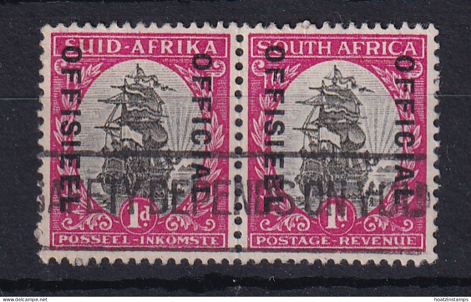 South Africa: 1935/49   Official - Ship   SG O21aw    1d  Grey & Carmine  [Wmk Upright]   Used Pair - Servizio