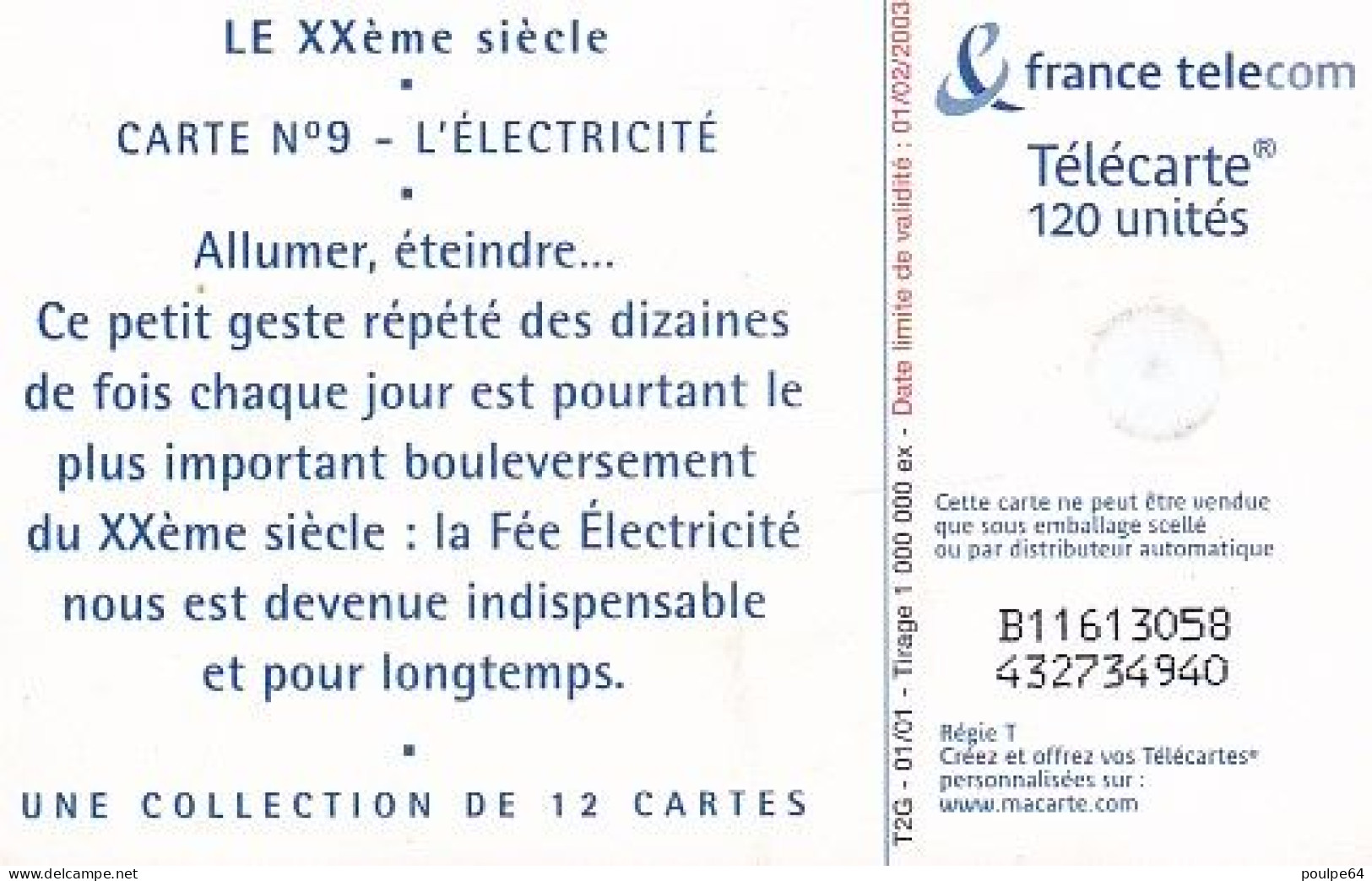 F1116A  01/2001 - XXe SIÈCLE " L'Électricité " - 120 GEM2 - 2001