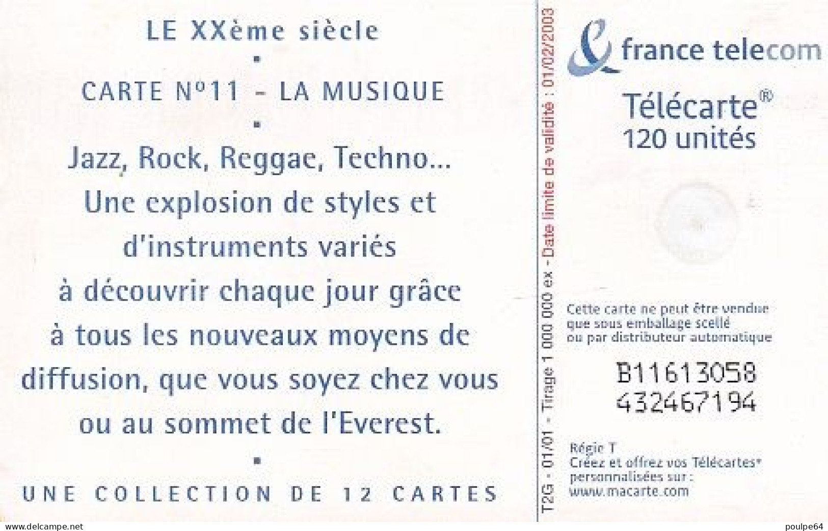 F1118A  01/2001 - XXe SIÈCLE " La Musique " - 120 GEM2 - 2001