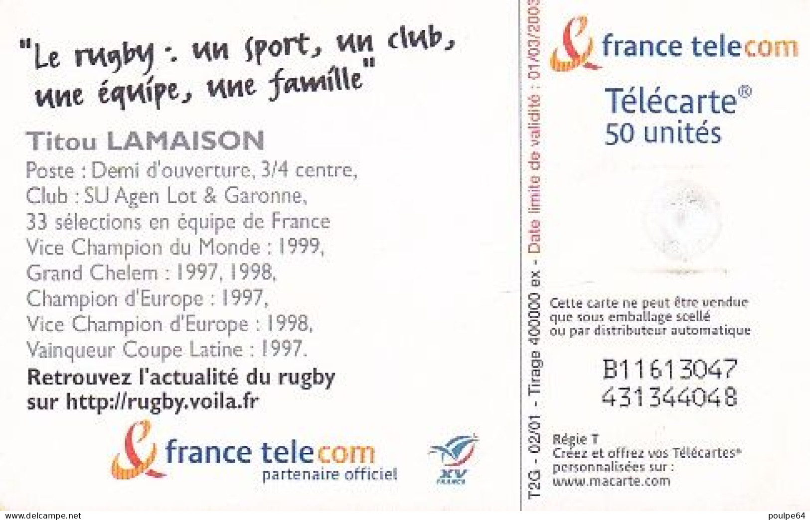 F1119  02/2001 - LE RUGBY " Titou Lamaison " - 50 GEM2 - 2001