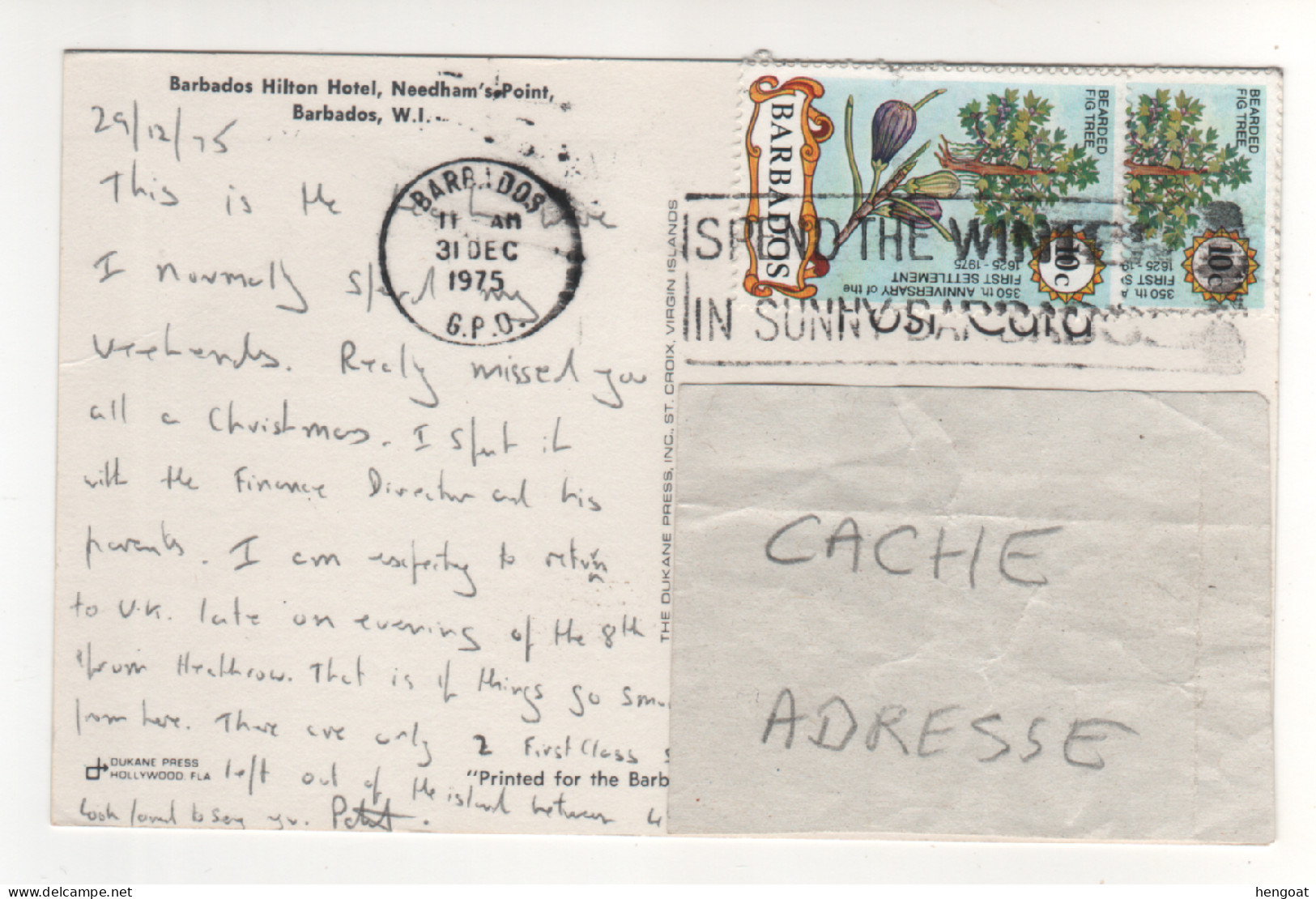 Timbre , Stamp " Arbre : Figuier " Sur CP , Carte , Postcard Du 31/12/75 - Barbados (1966-...)