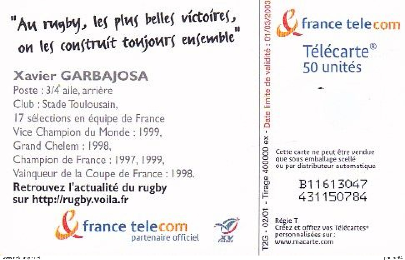 F1121  02/2001 - LE RUGBY " Xavier Garbajosa " - 50 GEM2 - 2001