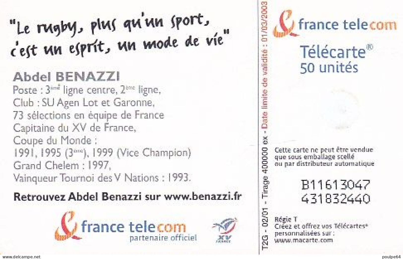 F1122  02/2001 - LE RUGBY " Abdel Benazzi " - 50 GEM2 - 2001