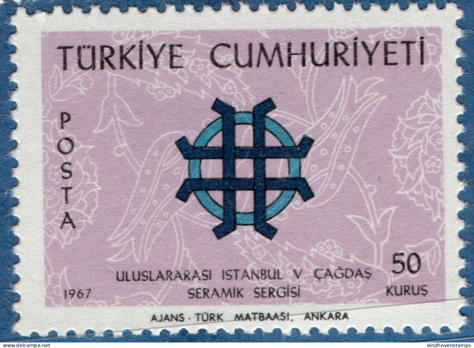 Turkey 1967 Ceramics Exhibition 1 Value Mi 2065 MNH Flower Motiv, Tiles 67-14 - Porcellana