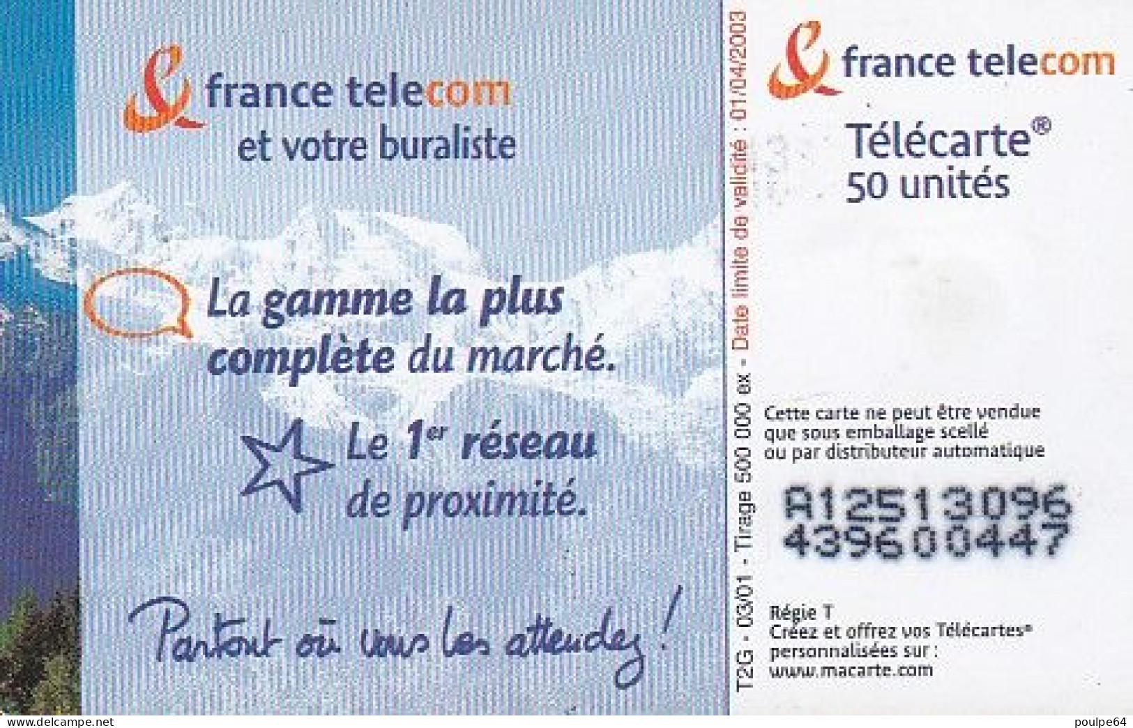 F1131  03/2001 - BURALISTE  " Montagne " - 50 SO6 - (verso : N° - Deux Lignes Centrées Alignées) - 2001