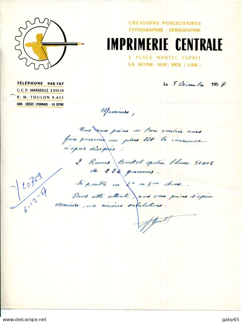 FACTURE.83.VAR.LA SEYNE SUR MER.IMPRIMERIE CENTRALE.5 PLACE MARTEL ESPRIT. - Imprimerie & Papeterie