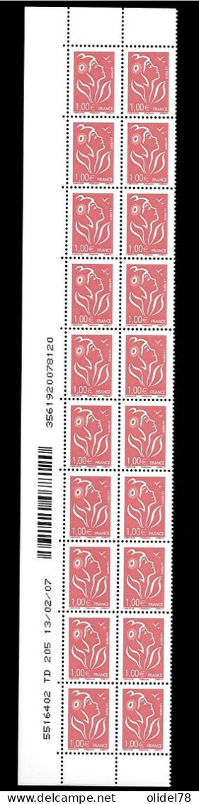 YT3739b Marianne De Lamouche 1,00€  - Bande Verticale De 20 TP Avec Coin Daté 13.02.07 Luxe MNH** - 2000-2009