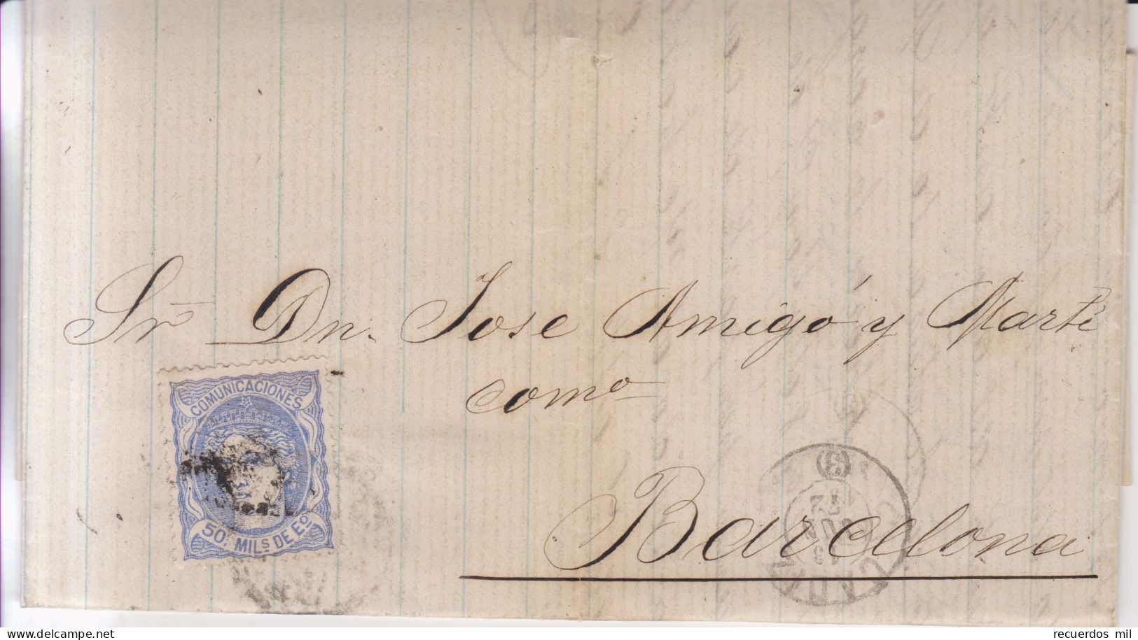 Año 1870 Edifil 107 Alegoria Carta Matasellos Rombo Cadiz N. Herrero Y Cuesta - Storia Postale