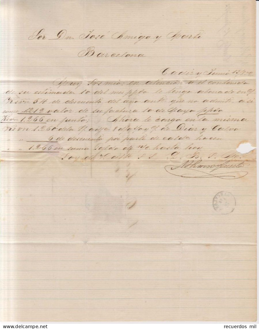 Año 1870 Edifil 107 Alegoria Carta Matasellos Rombo Cadiz N. Herrero Y Cuesta - Covers & Documents