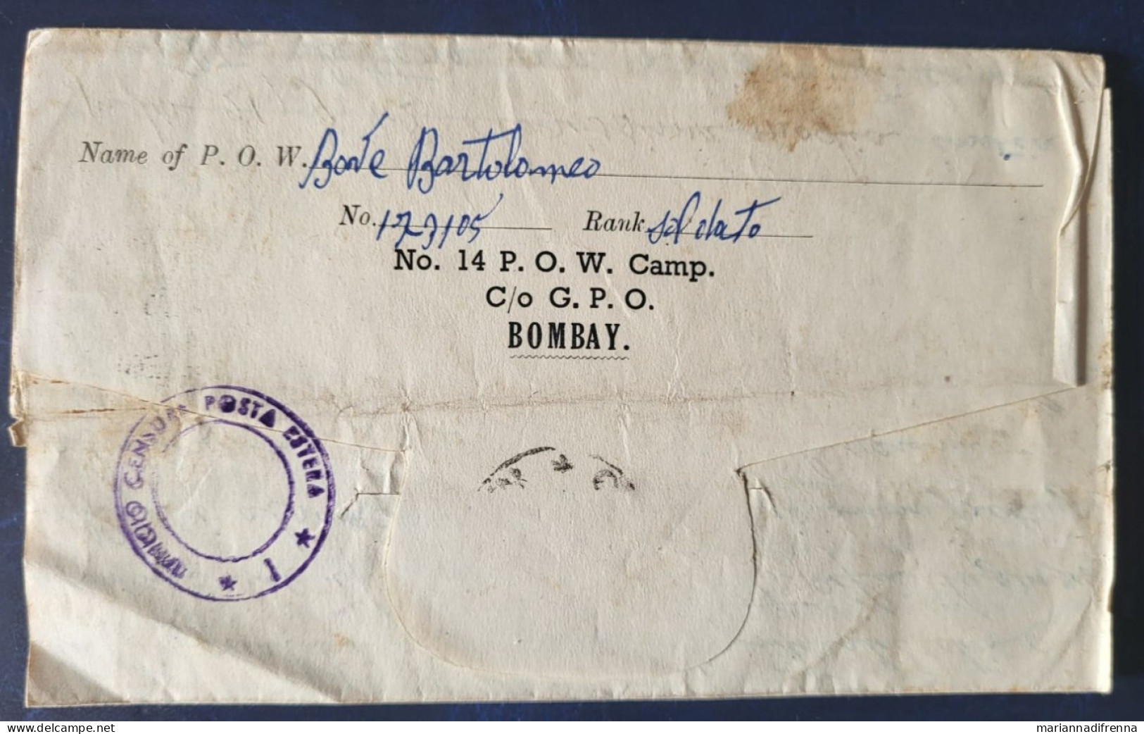 ITALIA REGNO CORRISPONDENZA PRIGIONIEROI DI GUERRA,LETTERA,POSTA ESTERA,BOMBAY,NAPOLI,CERVINO,,192 - Kriegspropaganda