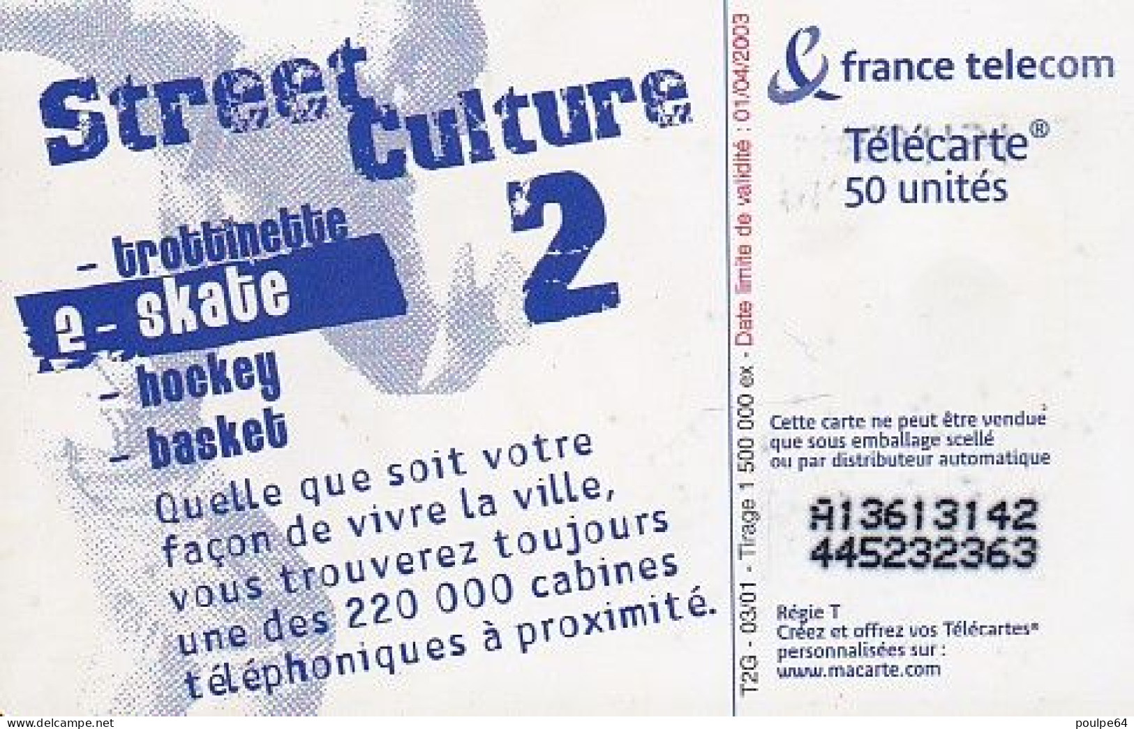 F1135  03/2001 - SKATE - 50 SO3 - (verso : N° Petits - Deux Lignes Alignées) - 2001