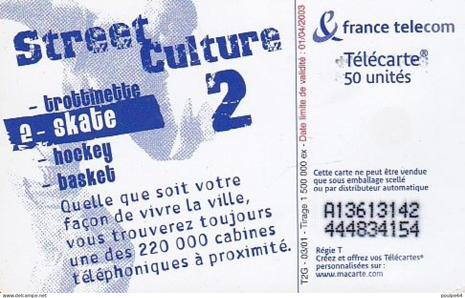 F1135  03/2001 - SKATE - 50 SO3 - (verso : N° Gros - Deux Lignes Alignées) - 2001