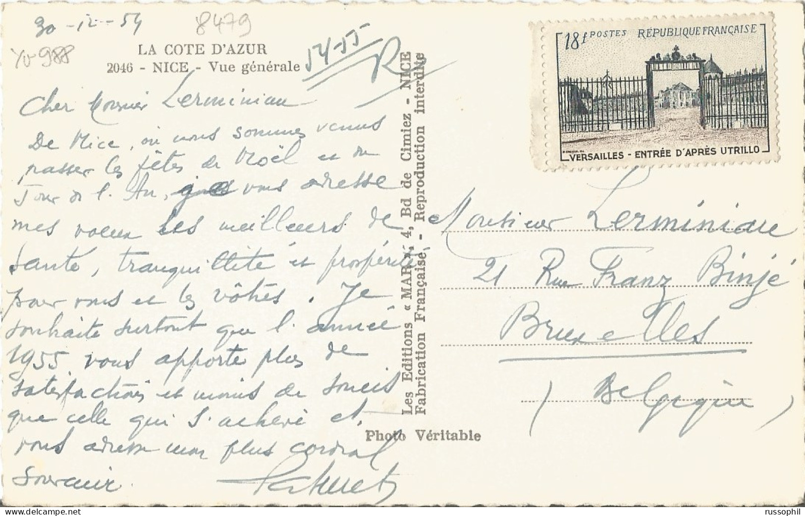 FRANCE -  VARIETY & CURIOSITY - Yv #988 ALONE FRANKING PC TO BELGIUM - PC CIRCULATED BUT STAMP NOT CANCELLED - 1926 - Briefe U. Dokumente