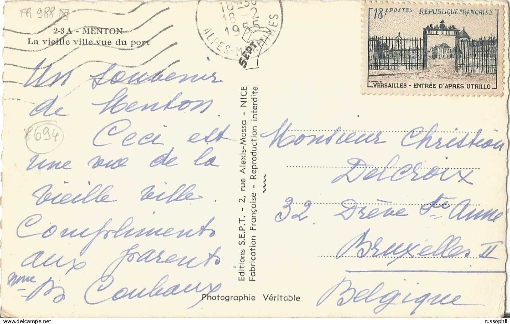 FRANCE -  VARIETY & CURIOSITY - Yv #988 ALONE FRANKING PC TO BELGIUM - PC CIRCULATED BUT STAMP NOT CANCELLED - 1955 - Briefe U. Dokumente