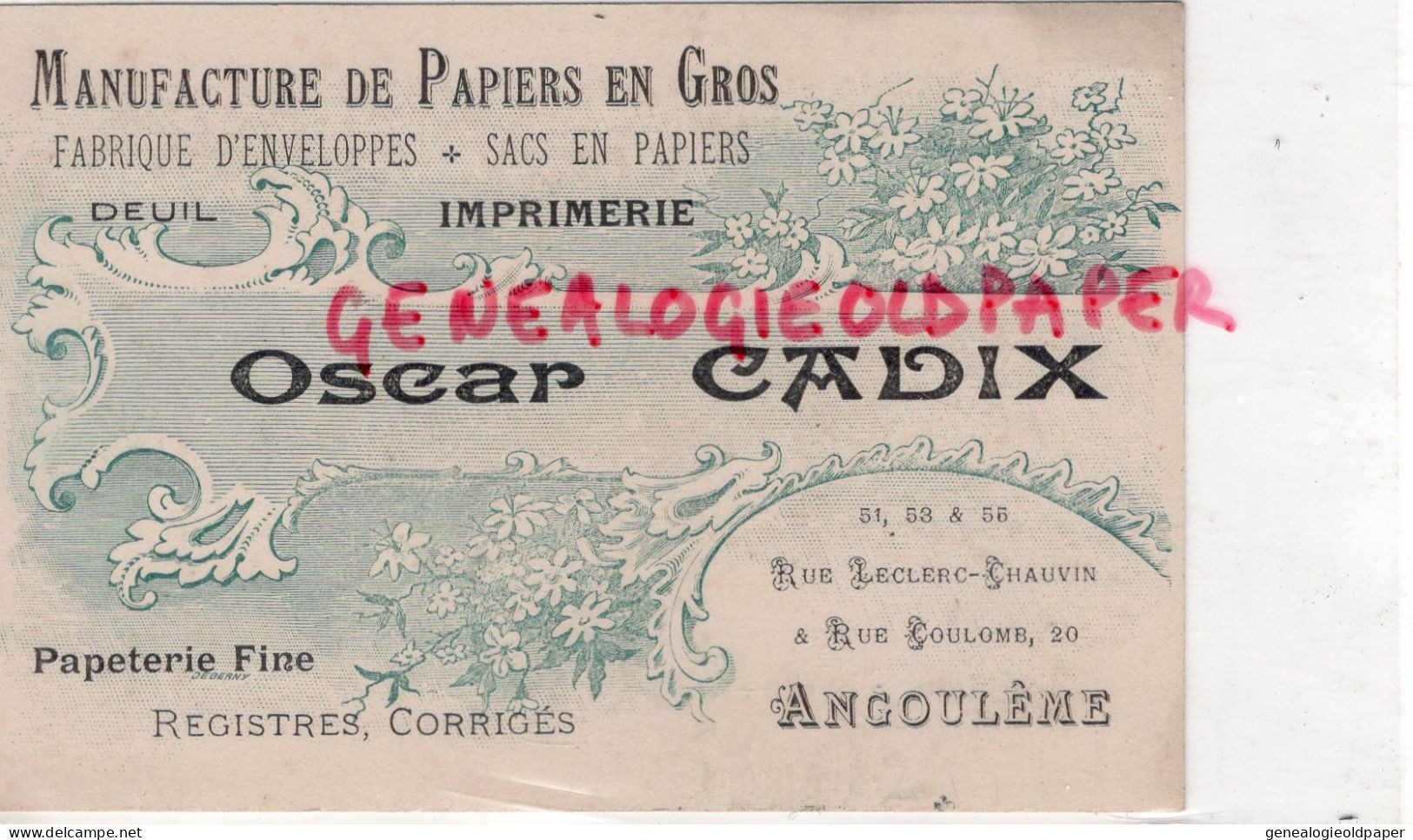 16- ANGOULEME -CARTE OSCAR CADIX -MANUFACTURE PAPIERS EN GROS-IMPRIMERIE PAPETERIE-51 RUE LECLERC CHAUVIN -20 RUE COULOM - Printing & Stationeries