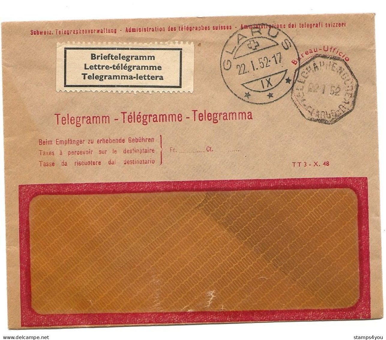 4 - 82 - Enveloppe "Télégramme" Recommandée Envoyée De Glarus 1952 - Telegraafzegels