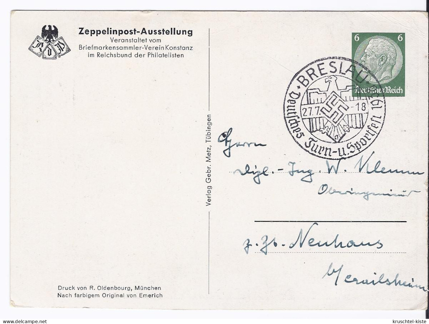 DT- Reich (000932) Ganzsache Zur Zeppelinausstellung Konstanz Gelaufen Mit Sonderstempel Bresslau Am 27.7.1938 - Private Postal Stationery