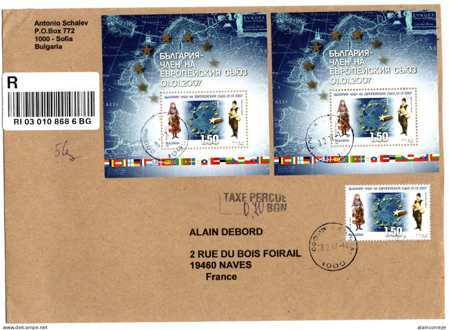 Bulgarie Lettre Recommandée De Sofia 2007 Bloc Feuillet Costumes Traditionnels Thème Europe + Cachet TAXE PERCUE - Storia Postale