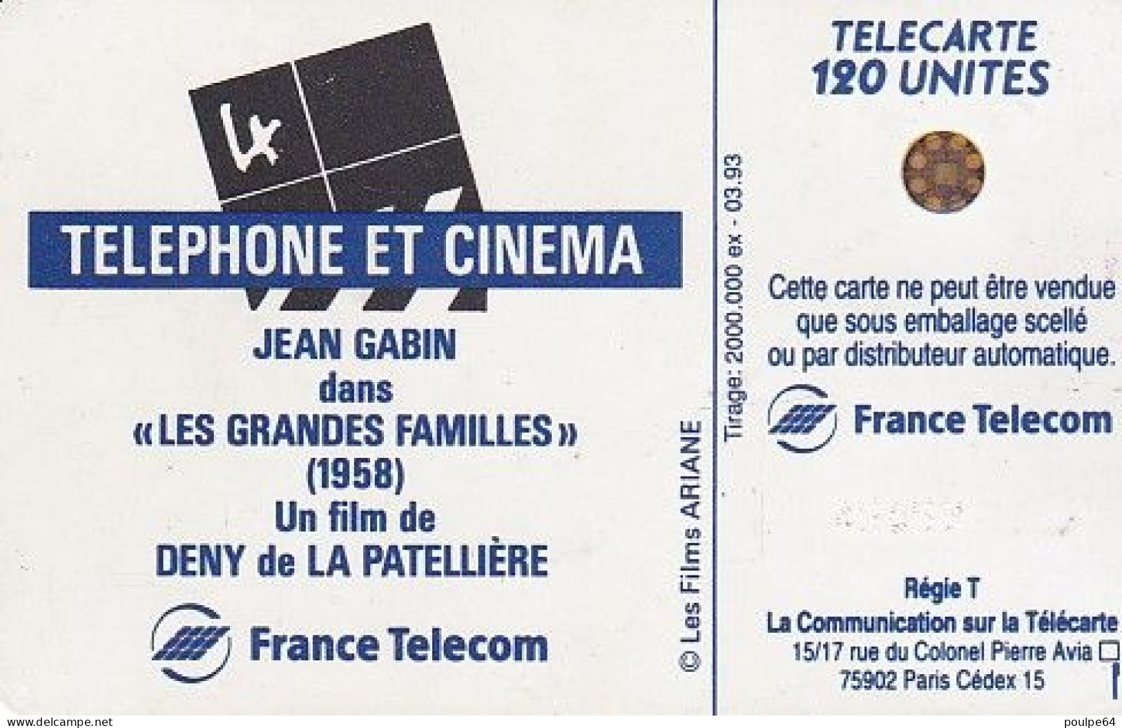 F337A - 03/1993 - Gabin " Cinéma " - 120 SC5 (verso : Diamètre Puce Ø6) - 1993