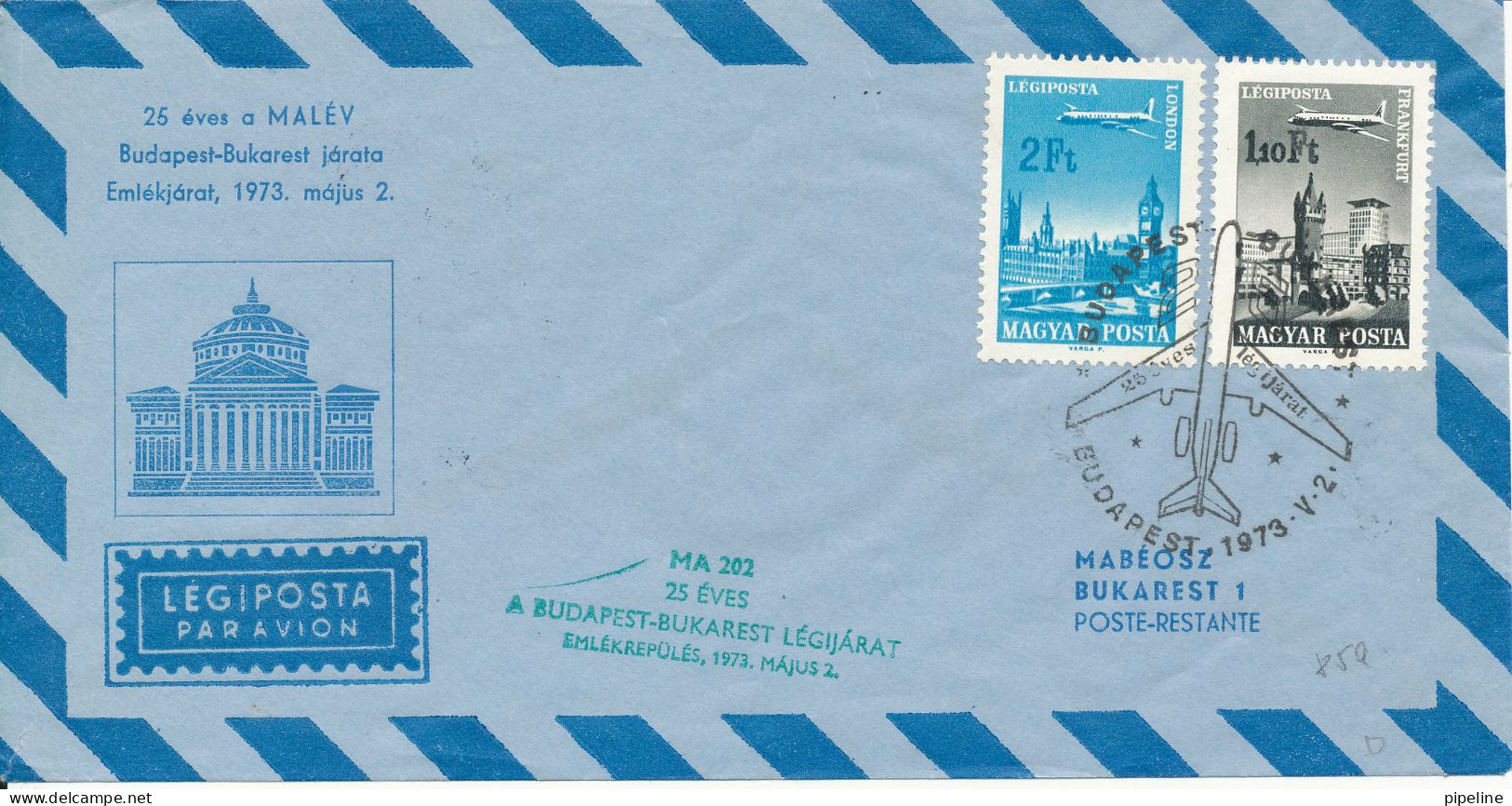 Hungary Air Mail Flight Cover Malev Budapest - Bucarest 25th Anniversary 2-5-1973 - Brieven En Documenten
