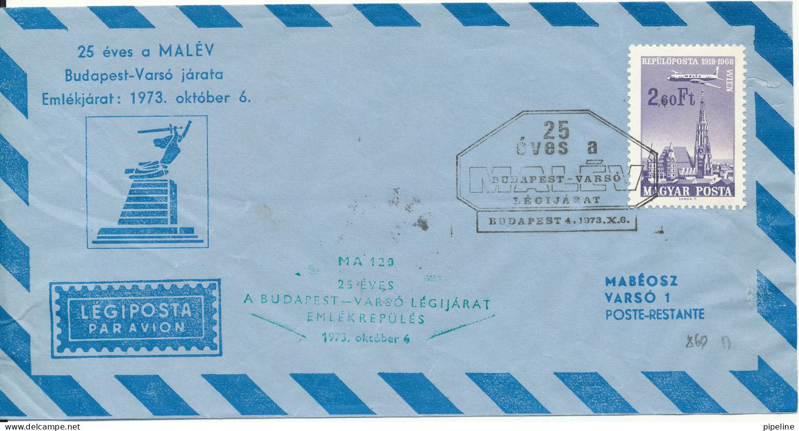 Hungary Air Mail Flight Cover Malev Budapest - Warszawa 25th Anniversary 6-10-1973 - Lettres & Documents