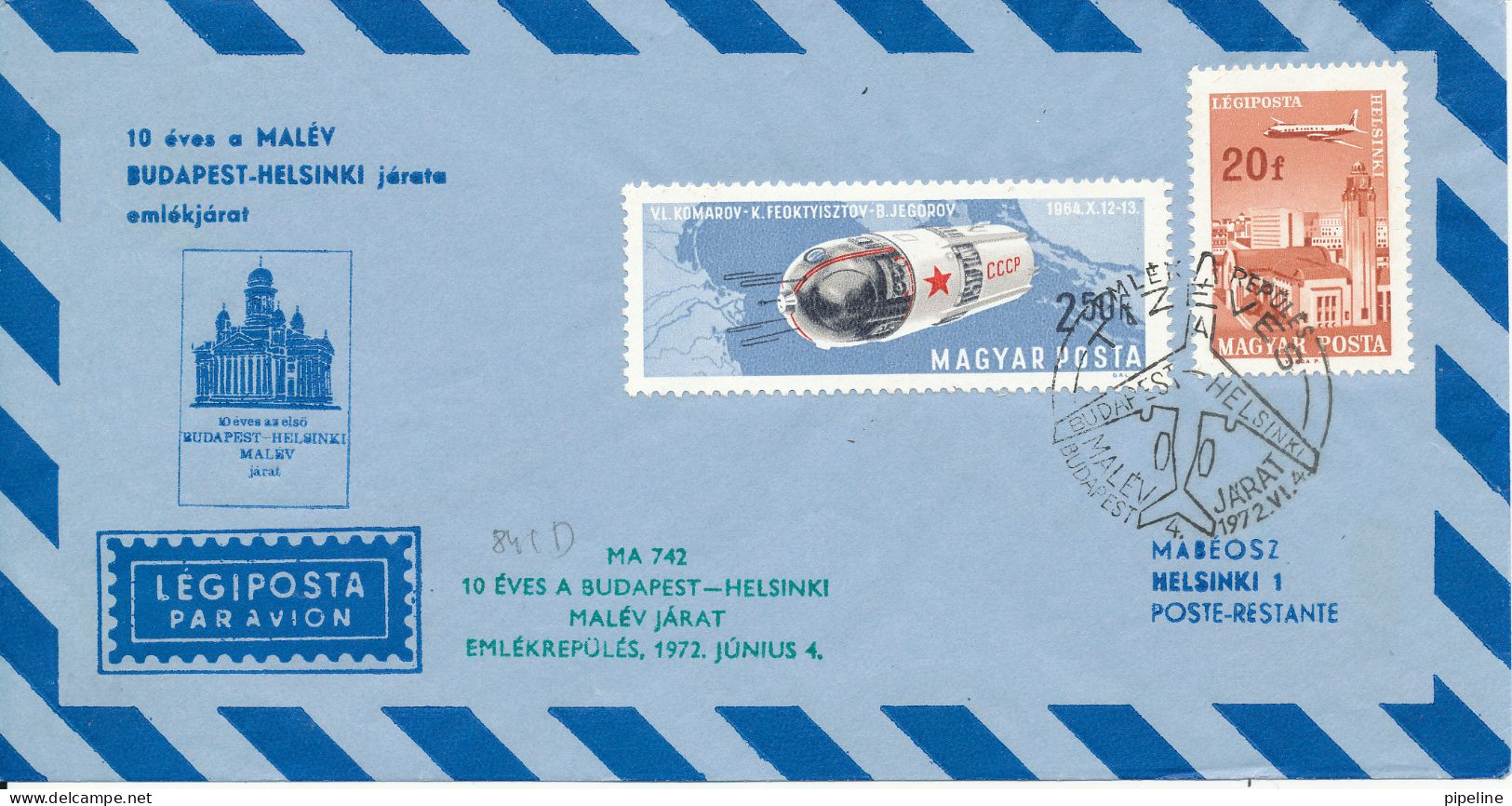 Hungary Air Mail Flight Cover Malev Budapest - Helsinki 10th Anniversary 4-6-1972 - Covers & Documents
