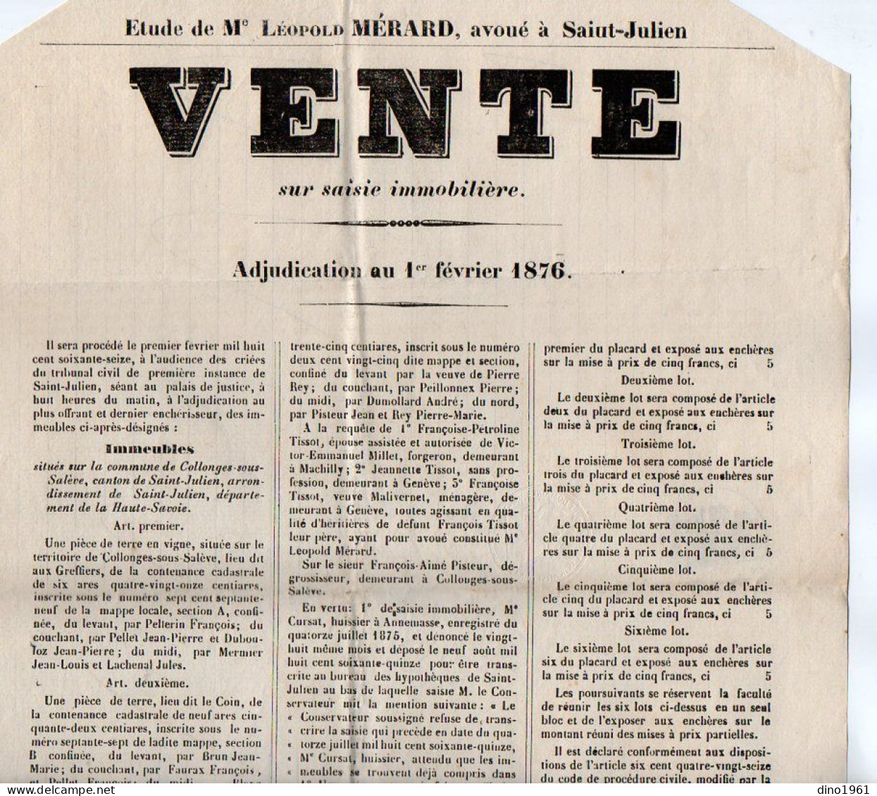 VP22.551 - ANNECY 1876 - Affiche - Me MERARD, Avoué à SAINT - JULIEN - Vente Immeubles Situés à COLLONGES SOUS SALERE - Affiches