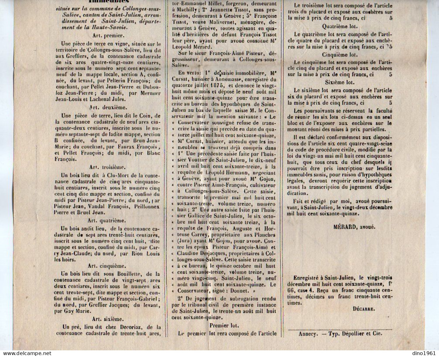 VP22.551 - ANNECY 1876 - Affiche - Me MERARD, Avoué à SAINT - JULIEN - Vente Immeubles Situés à COLLONGES SOUS SALERE - Manifesti