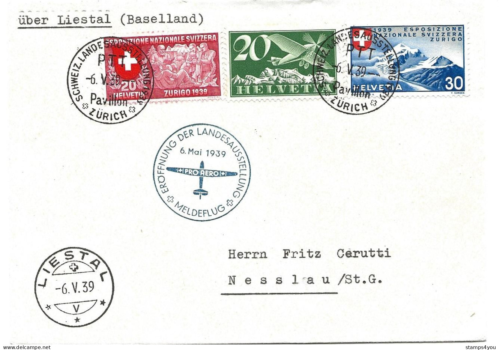 87 - 91 - Enveloppe "Meldeflug Expo 1939 Zürich" - Cachet Liestal 1939 - Autres & Non Classés