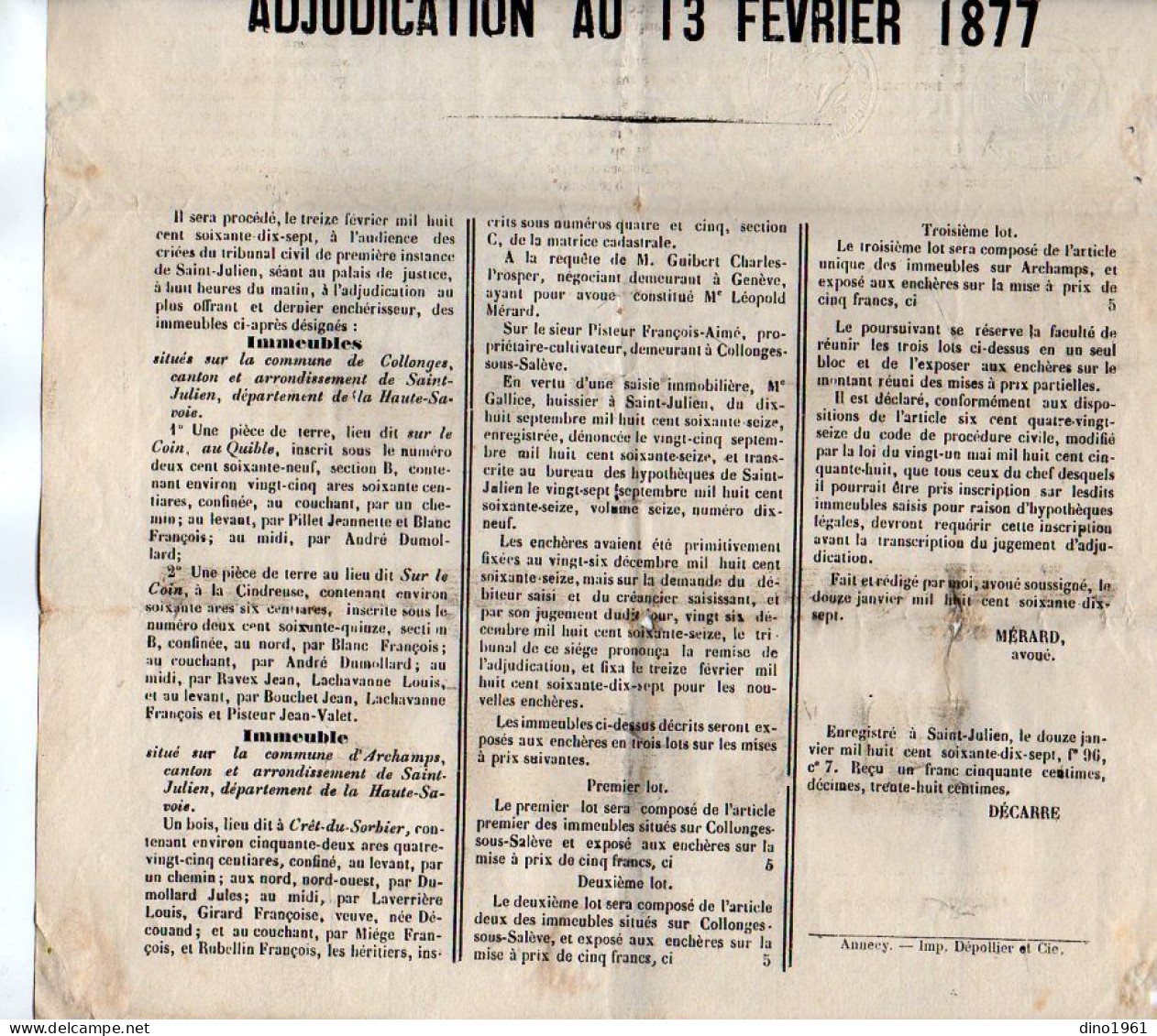 VP22.552 - ANNECY 1877 - Affiche - Me MERARD, Avoué à SAINT - JULIEN - Vente Immeubles Situés à COLLONGES X ARCHAMPS - Manifesti