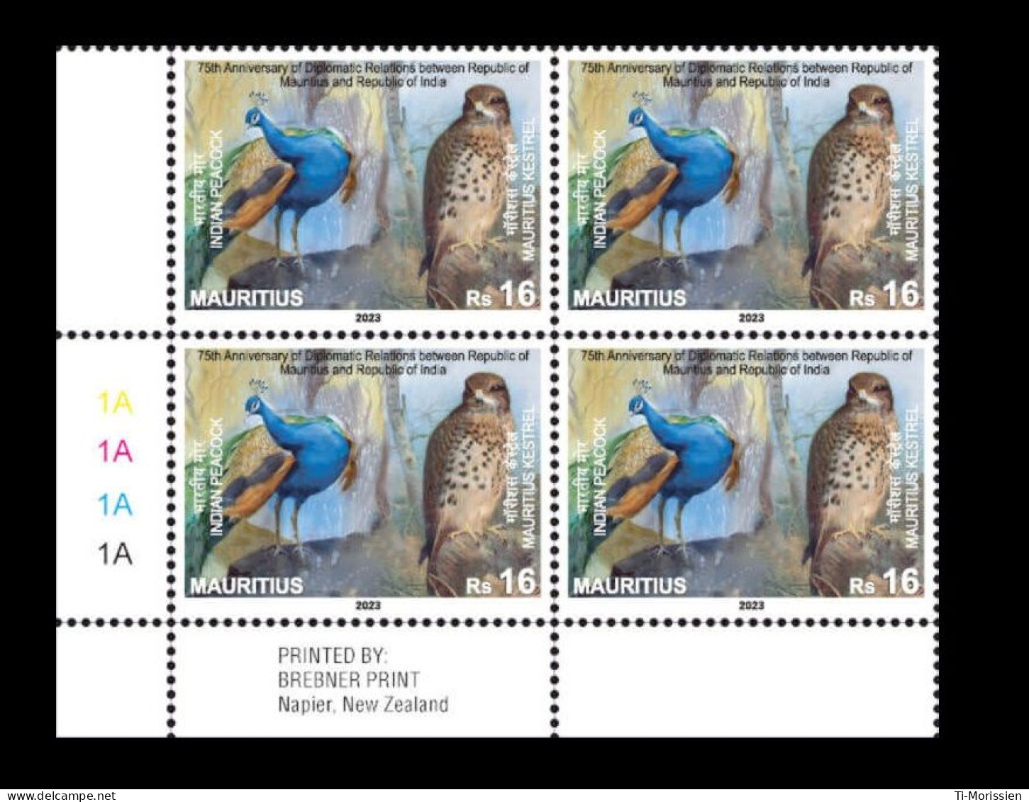 Mauritus 2023- Joint Issue India - Peocock Kestrel Bird, Aves, Uccelli, Vögel, Vogels, Oiseaux - Block 4 & Printer Name - Paons