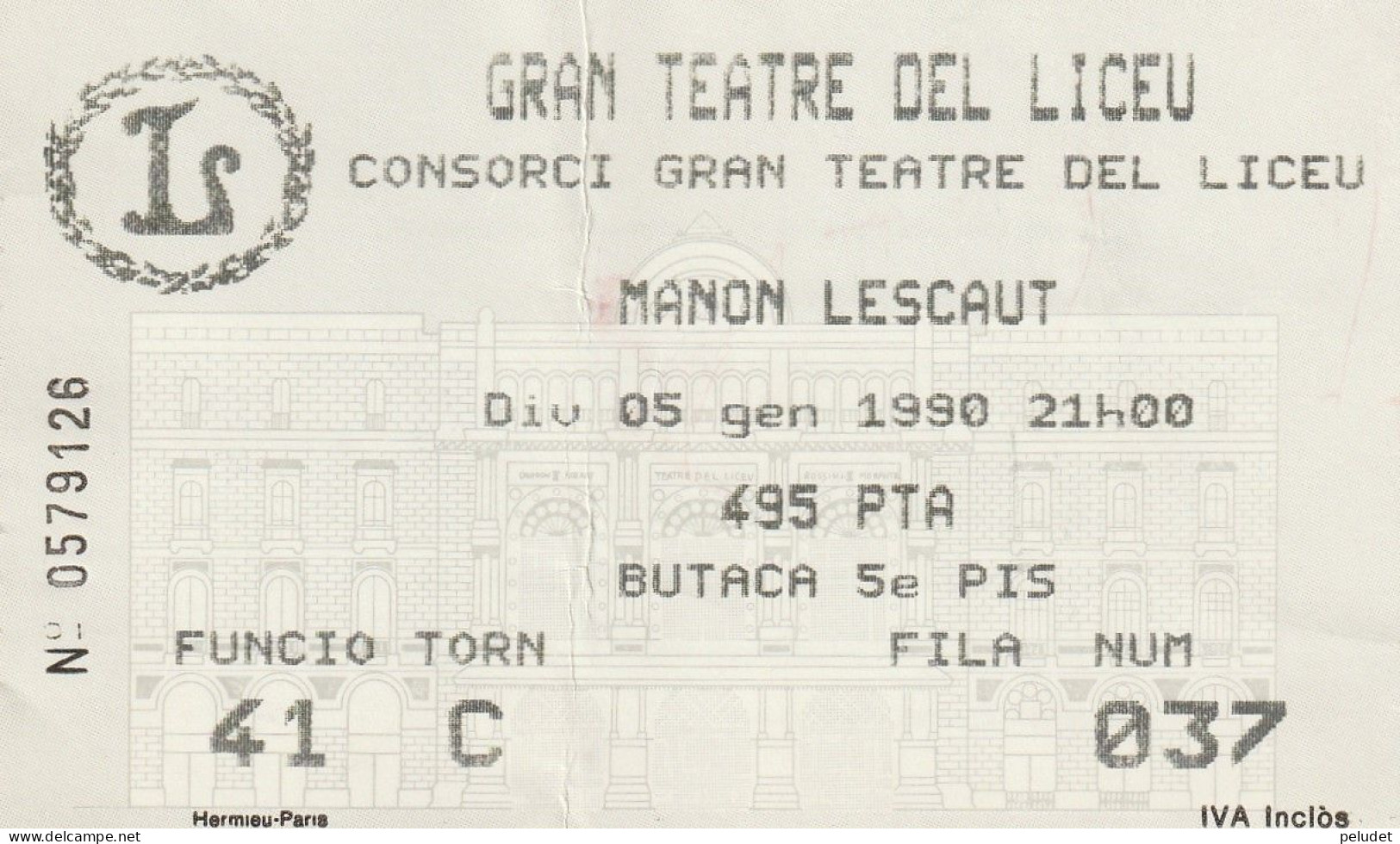 Ticket - Entrada -- Gran Teatre Del Liceu - 1990 - Manon Lescaut - Tickets D'entrée