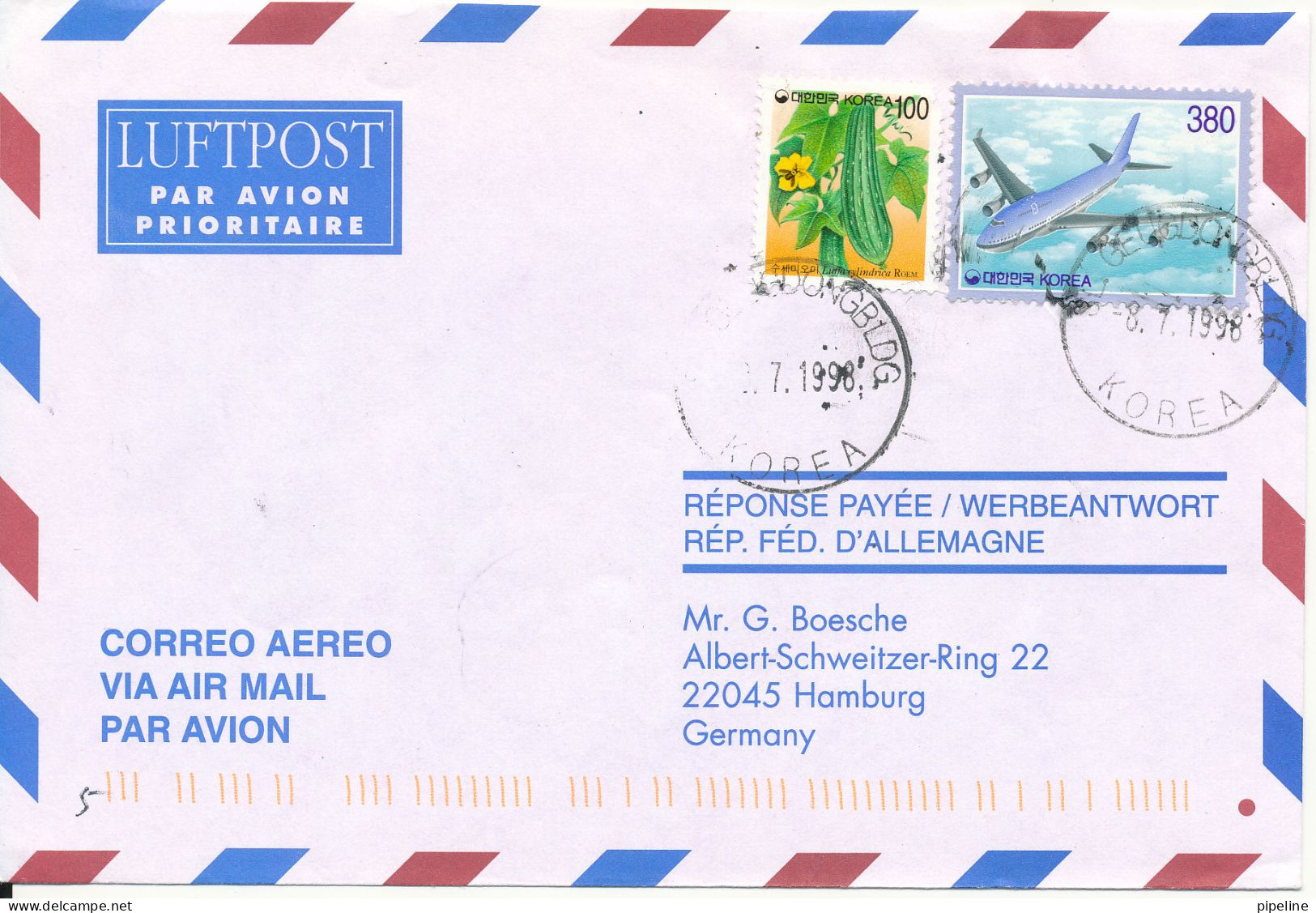 Korea South Air Mail Cover Sent To Germany 8-7-1998 - Corée Du Sud
