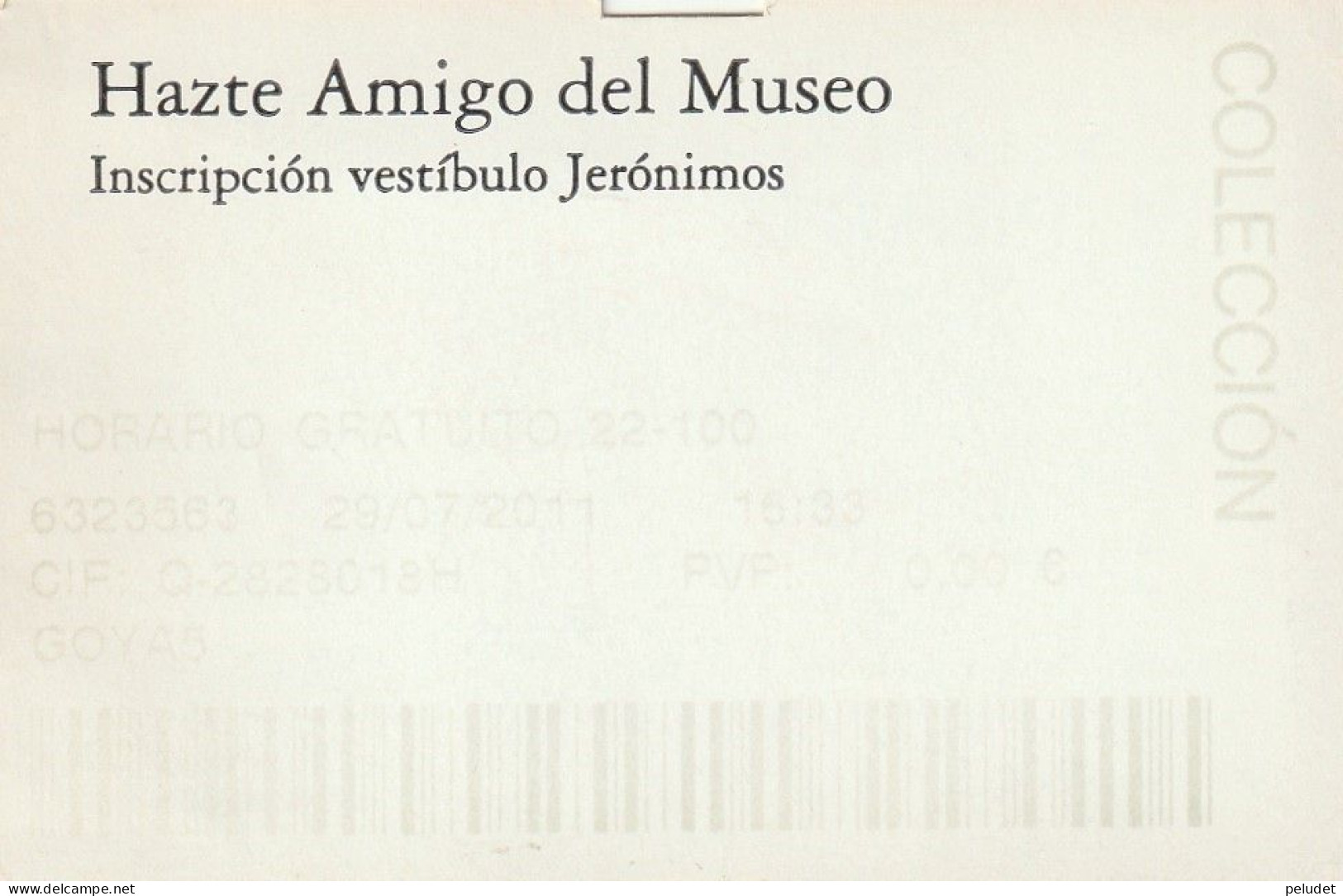 Ticket - Entrada -- Muse Nacional Del Prado - 2011 - Horario Gratuito - Colección - Tickets D'entrée