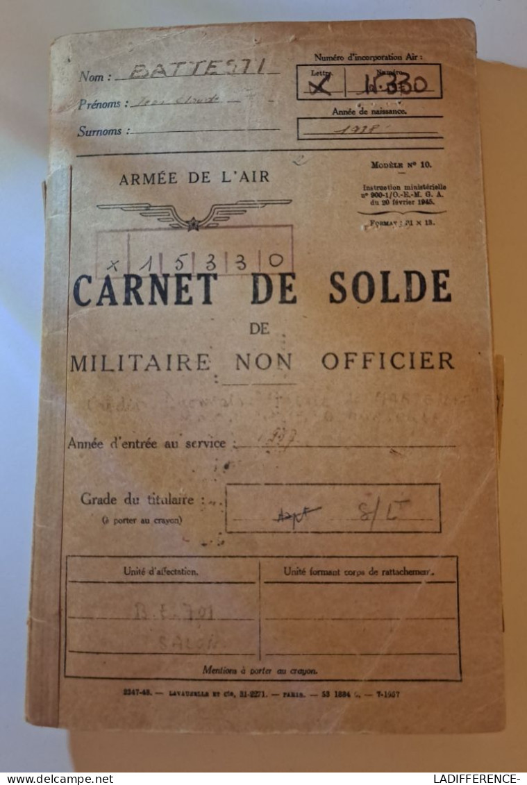 Carnet De Solde De Militaire Non Officier 1957 Armée De L'Air - Aviation