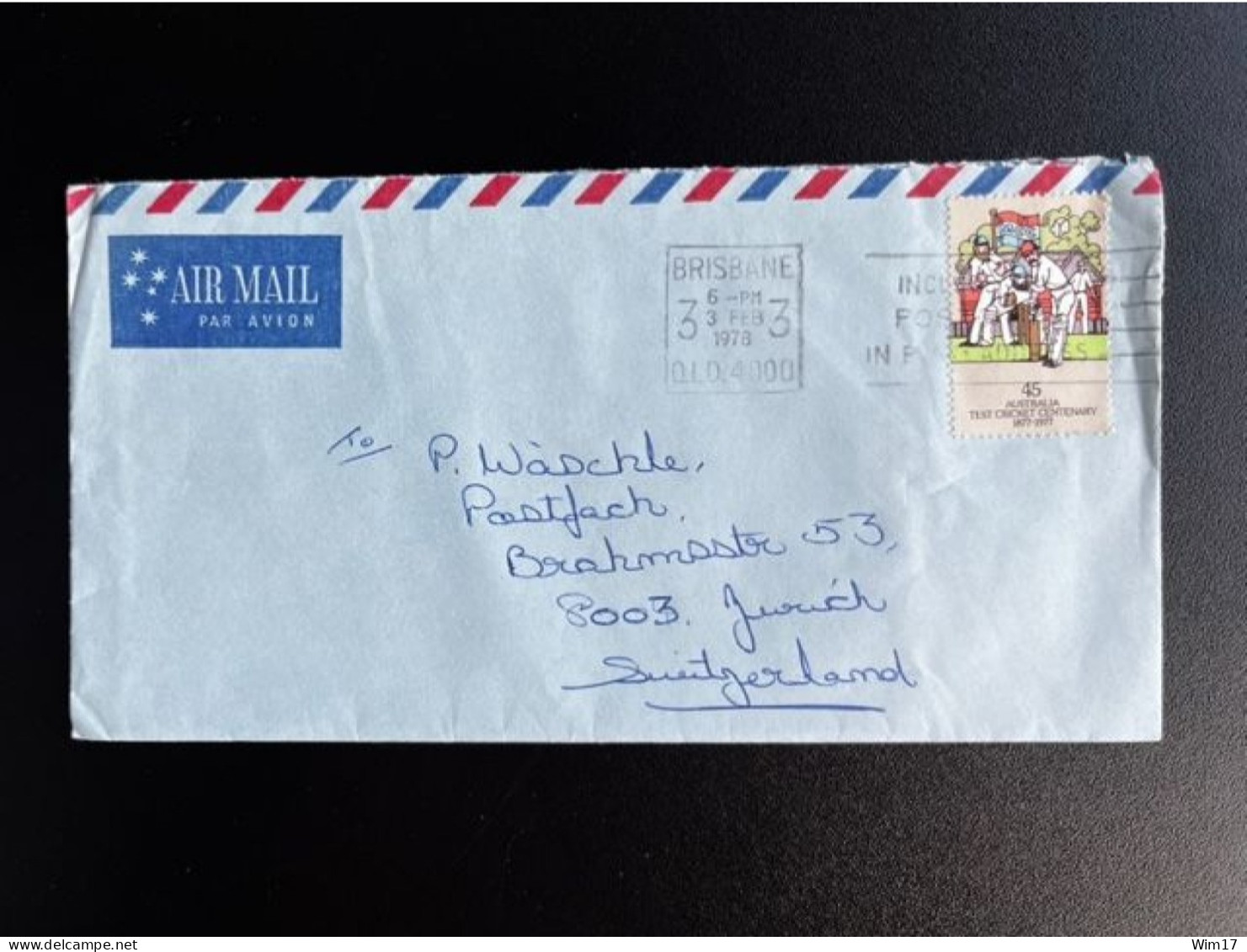 AUSTRALIA 1978 AIR MAIL LETTER BRISBANE TO ZURICH 03-02-1978 AUSTRALIE CRICKET SPORTS - Briefe U. Dokumente