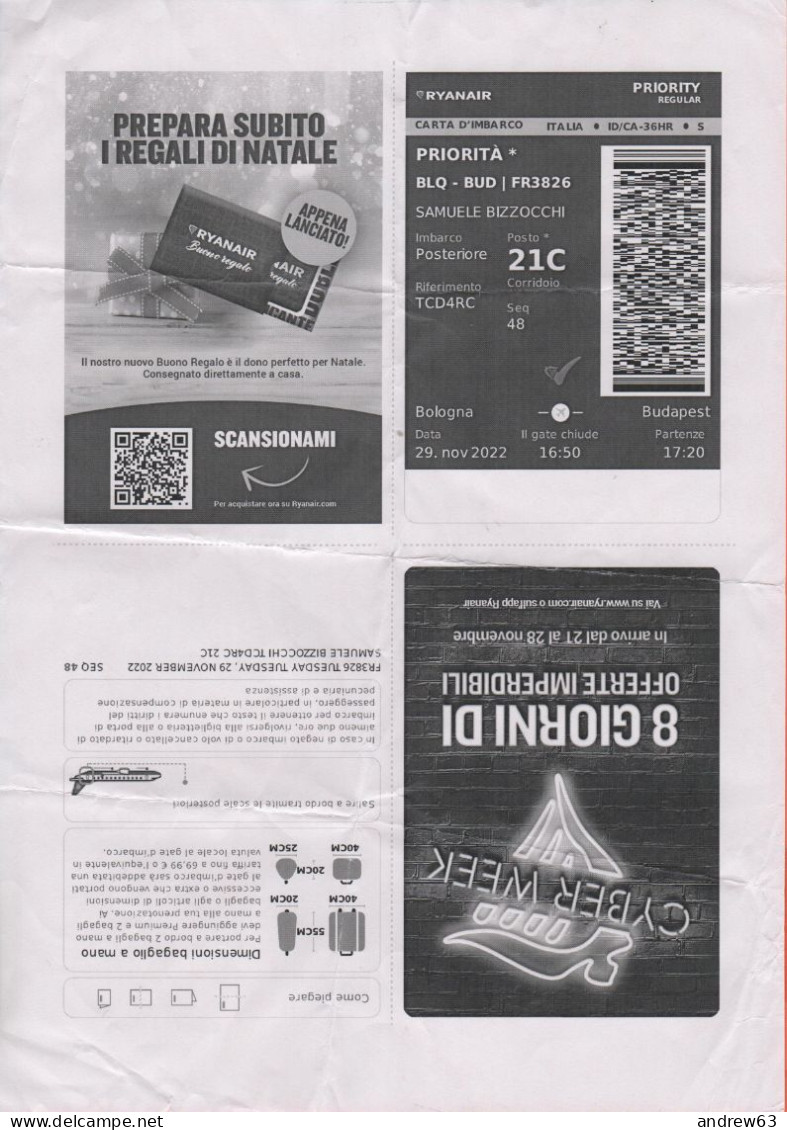 RYANAIR - 2023 - Bologna-Budapest - BLQ-BUD - Carta D'Imbarco - Boarding Pass - Europe