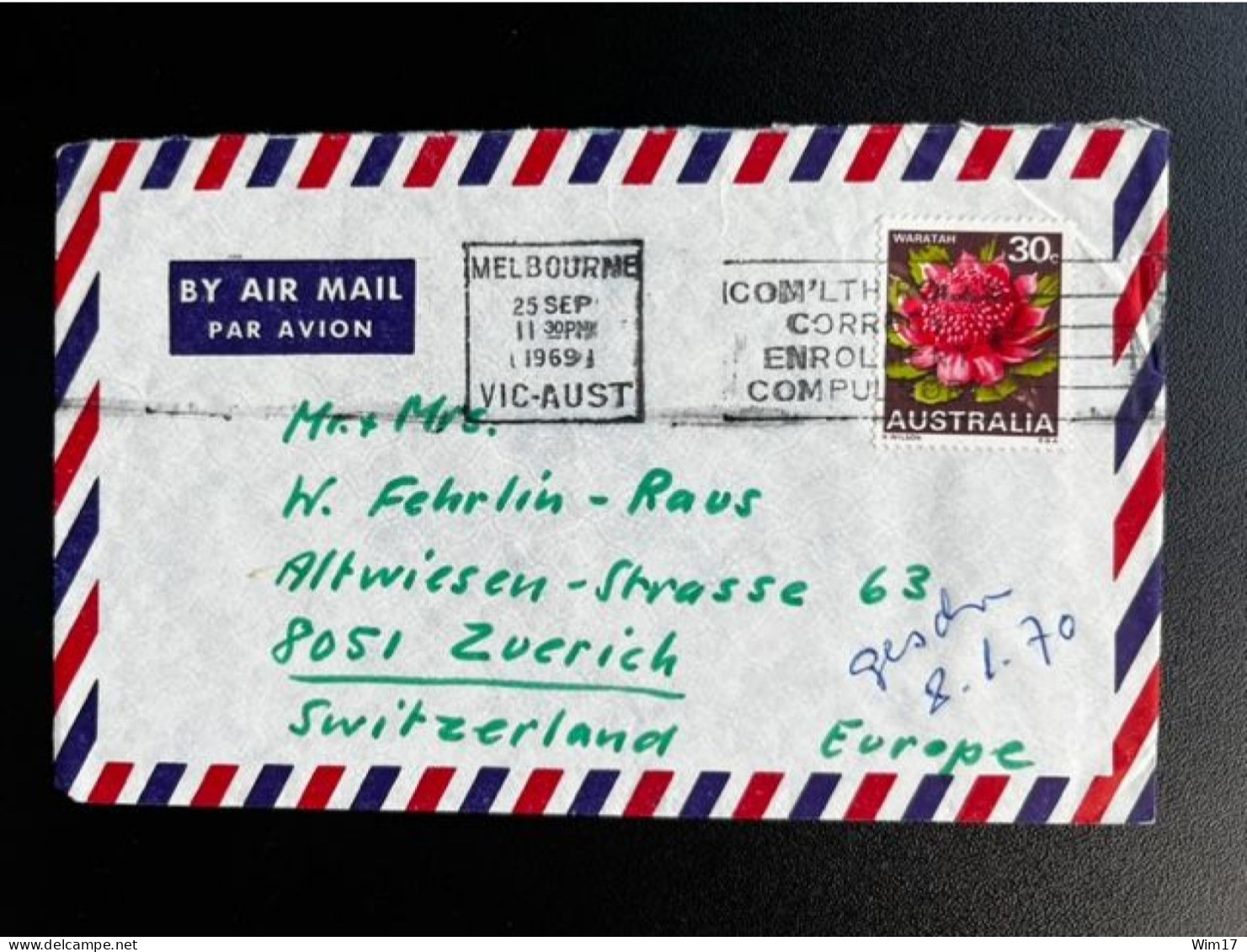 AUSTRALIA 1969 AIR MAIL LETTER MELBOURNE TO ZURICH 25-09-1969 AUSTRALIE - Lettres & Documents