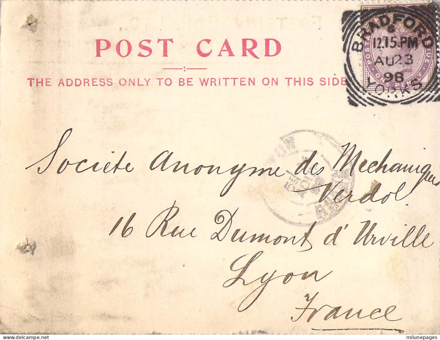 UK Victoria One Penny Violet Seul Sur Carte Postale Privée Private Post Card John Foster Queensburry Bradford 1898 - Briefe U. Dokumente