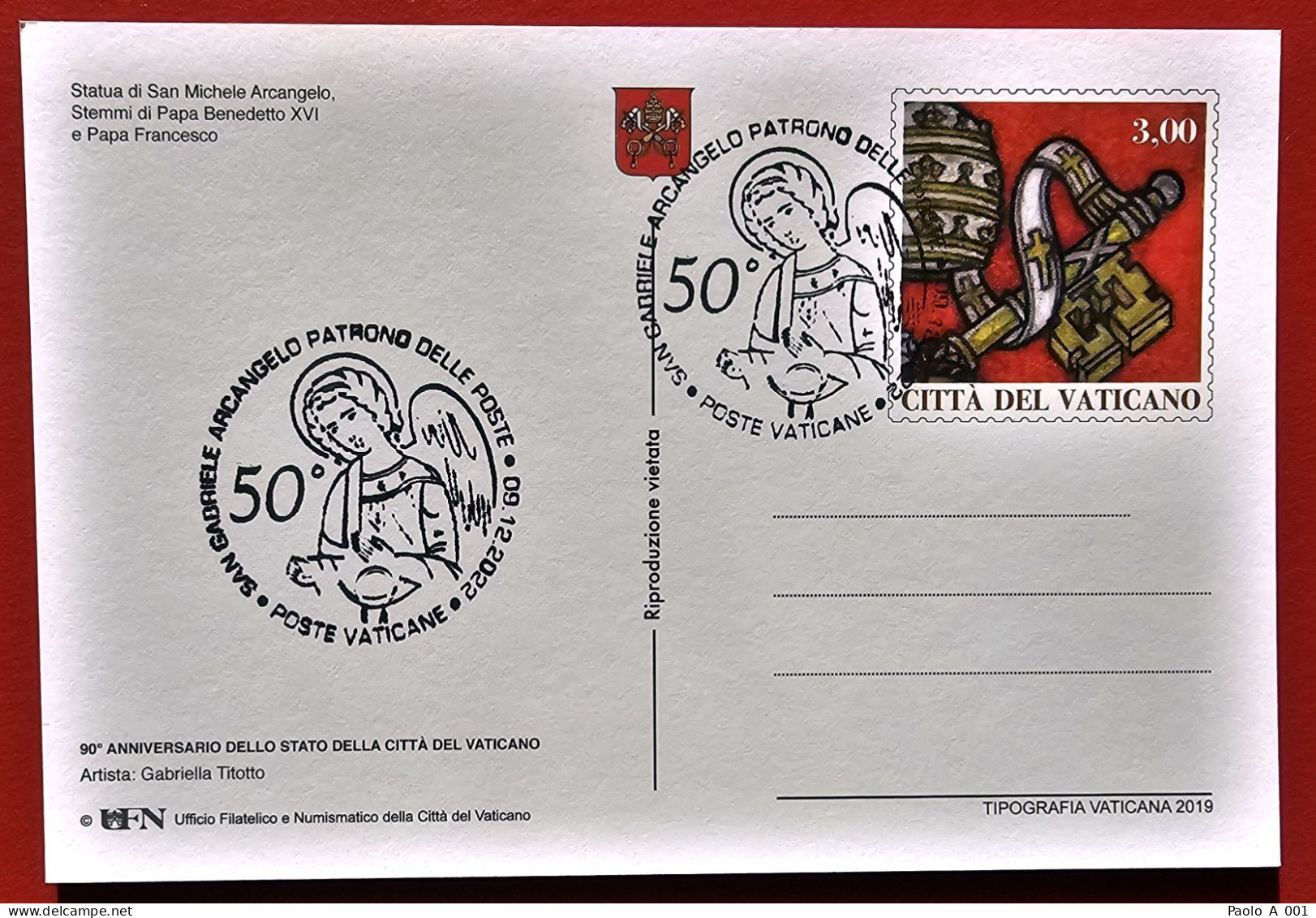 VATICAN VATICANO VATIKAN 2019 90 ANNIVERSARIO MICHAEL ARCHANGEL POPE BENEDICT POPE FRANCIS ANGEL GABRIELE POST CARD - Covers & Documents