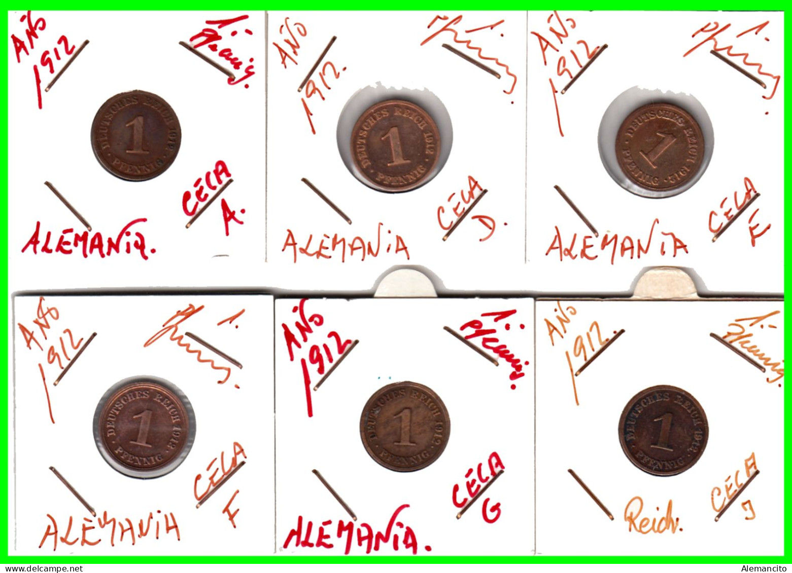 ALEMANIA – GERMANY - IMPERIO 6 MONEDAS SERIE COMPLETA COBRE DIAMETRO 17.5 Mm. DEL AÑO 1912 – KM-10   WILHELM II - 1 Pfennig