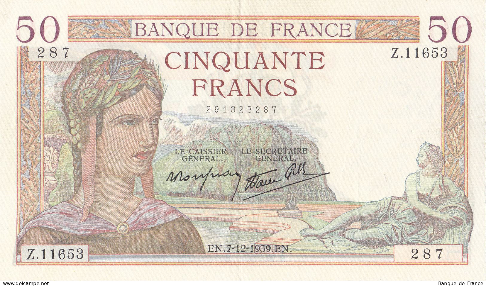 Billet 50 F Cérès Du 7-12-1939 FAY 18.35 Alph. Z.11653 - Très Bel état - 1 épinglage - 50 F 1934-1940 ''Cérès''