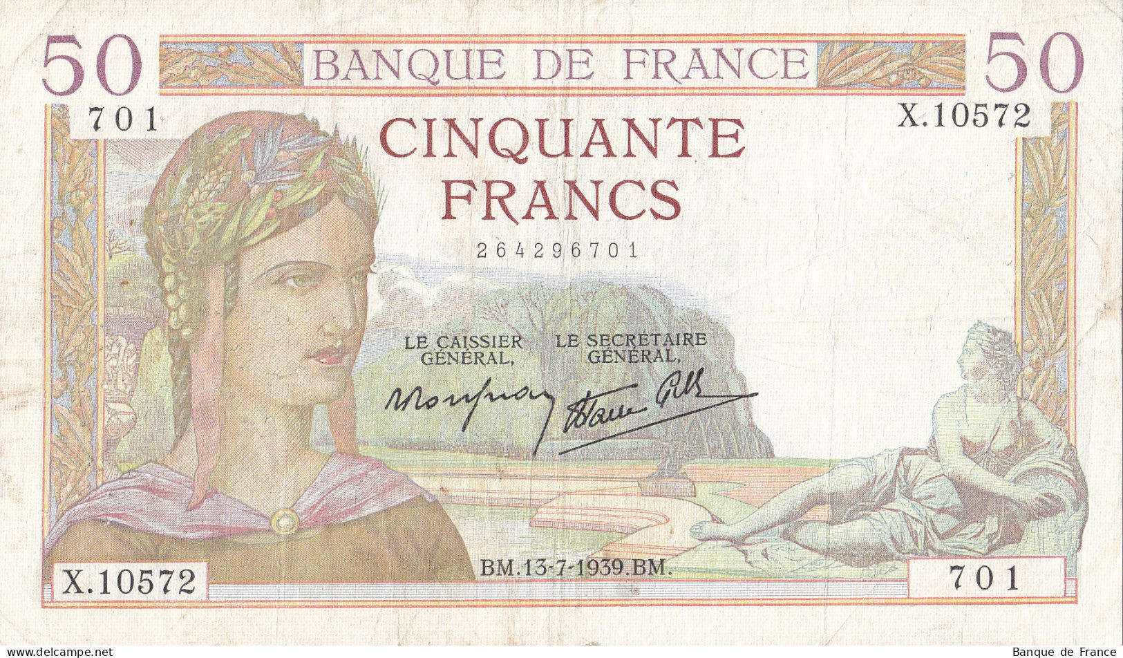 Billet 50 F Cérès Du 13-7-1939 FAY 18.28 Alph. X.10572 - 50 F 1934-1940 ''Cérès''