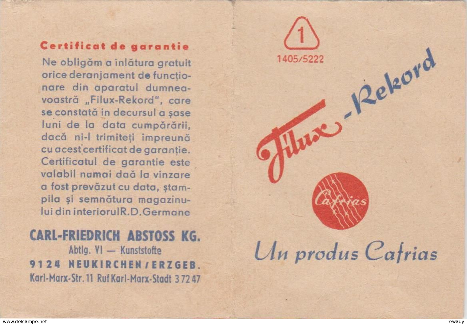 Filux-Rekord - Cafrias - Modul De Folosire - Certificat De Garantie - Advertising - Publicité - Karl Marx Stadt - Materiaal & Toebehoren