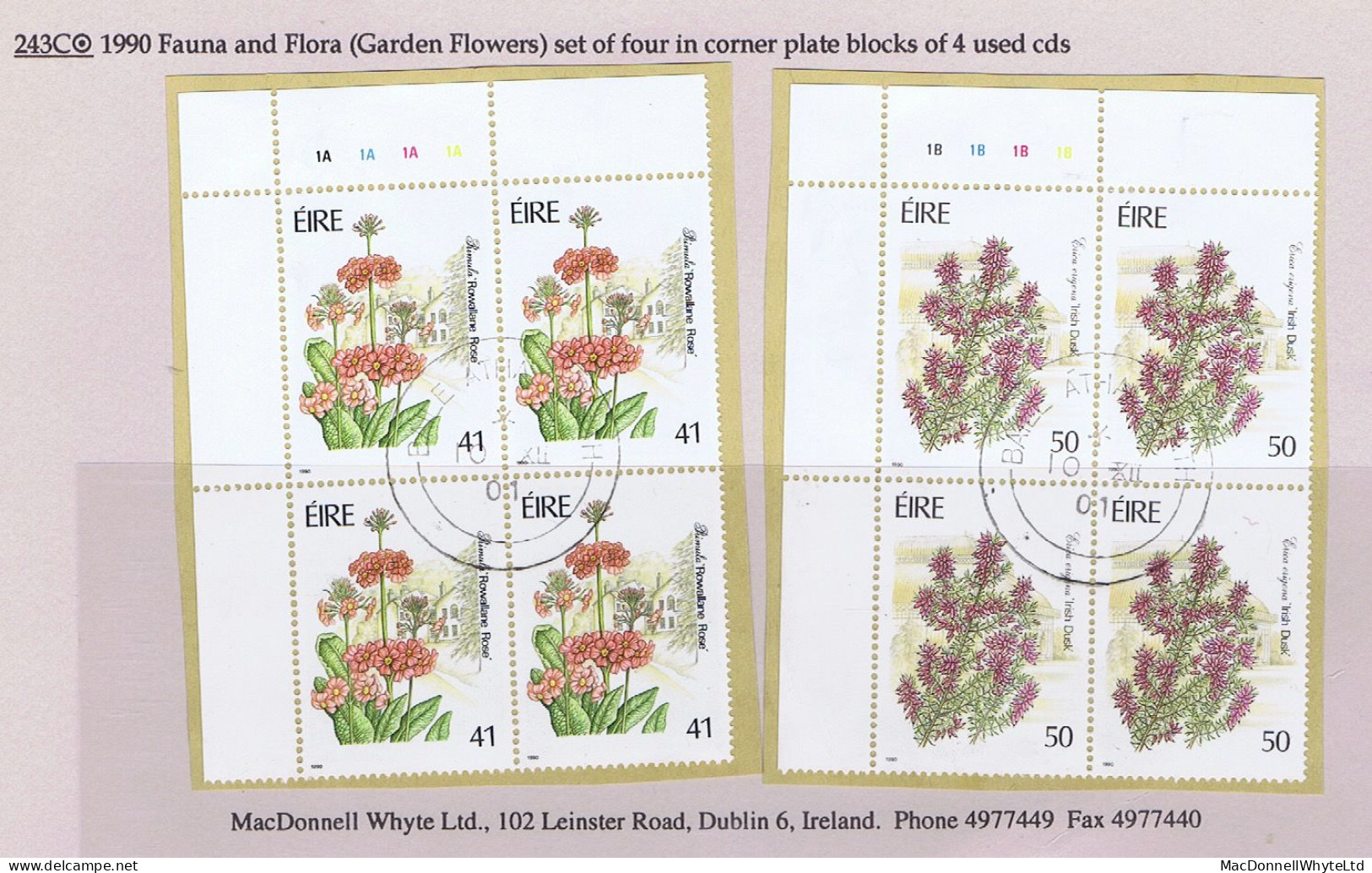 Ireland Flowers 1990 Fauna And Flora Set Of Four In Corner Plate Blocks Fine Used Cds - Oblitérés