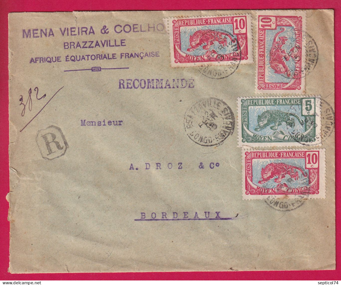 BRAZAVILLE CONGO FRANCAIS PANTHERE RECOMMANDE POUR BORDEAUX LETTRE - Cartas & Documentos