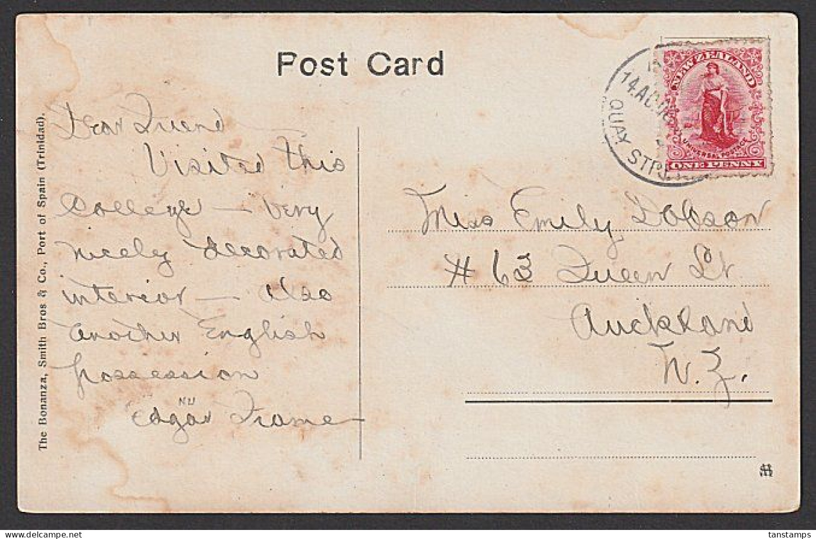 NEW ZEALAND 1908 VERY RARE QUAY STREET POSTMARK AMERICAN FLEET VISIT - Covers & Documents