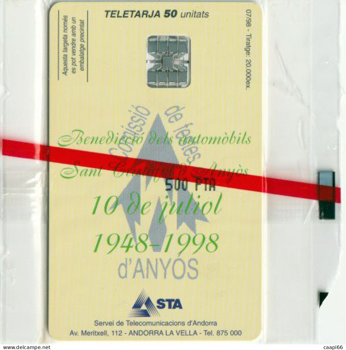 Andorre - Télécarte 50U - NSB - Benediccio Dels Automobils - 10 De Juliol 1948-1998 - Andorre