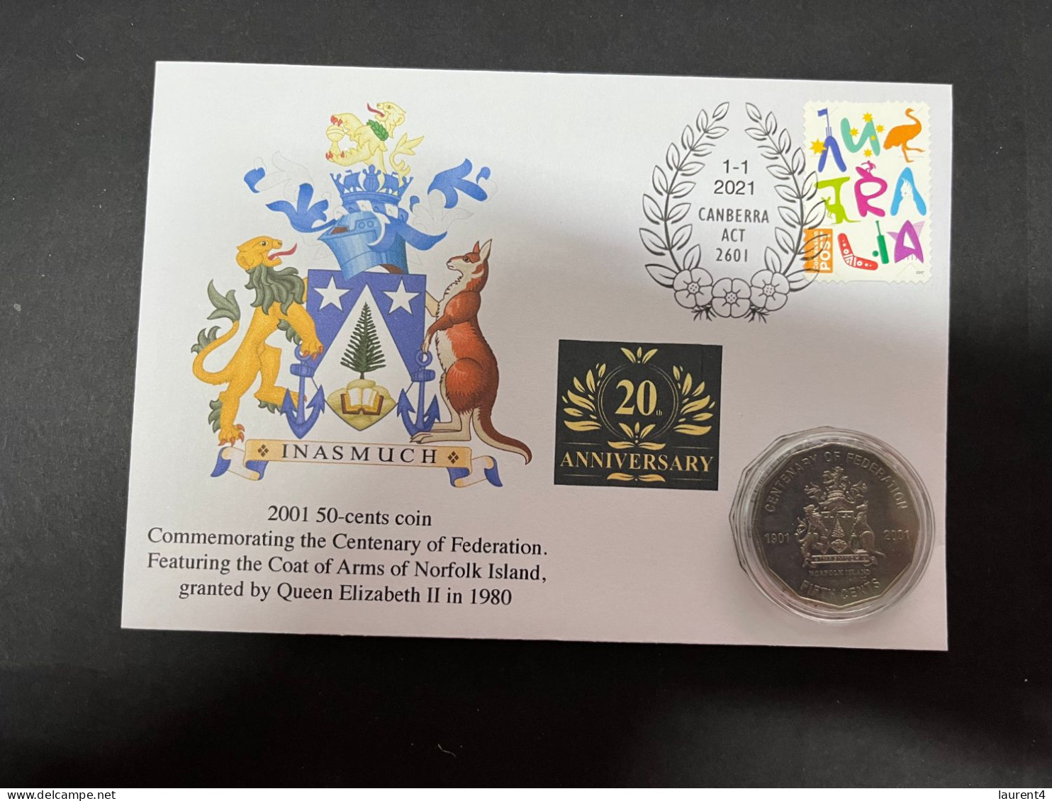 (27-11-2023) 20 Cent "Scarce" Coin - 20th Anniversary - Norfolk Island - Centenary Of Federation Coin On Cover - 20 Cents