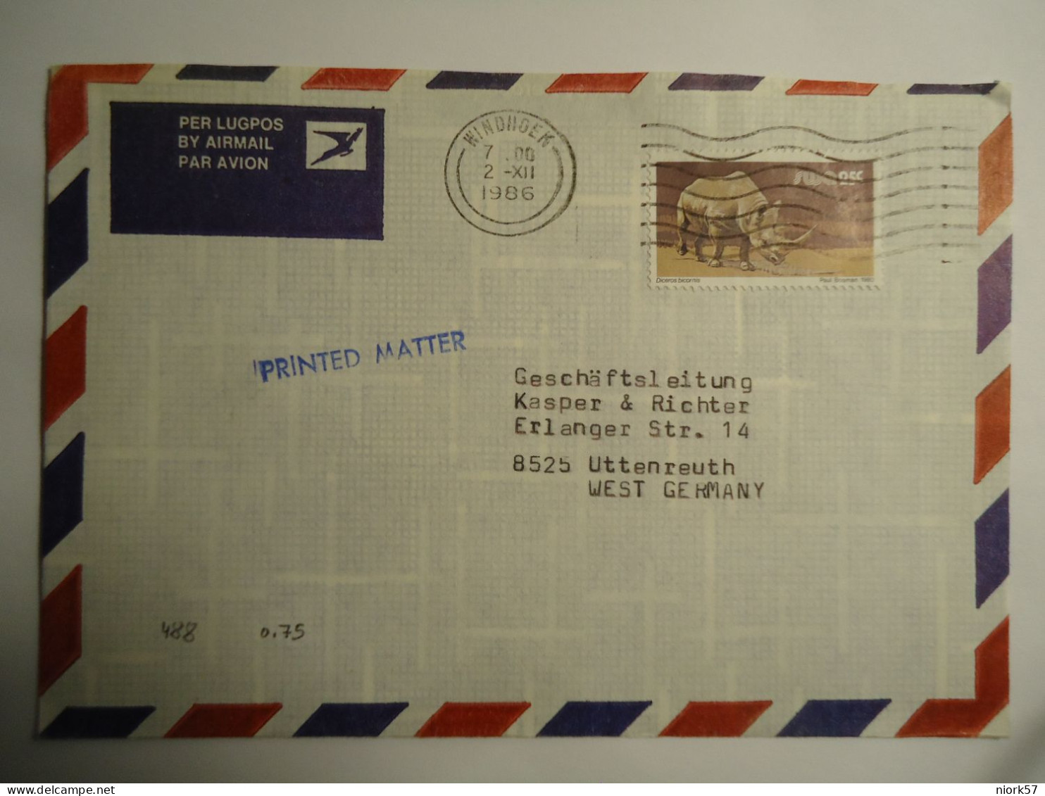 SOUTH AFRICA  SWA   COVER  1986  RHINOCERES   WITH POSTMARK WINDHGEK - Rinoceronti